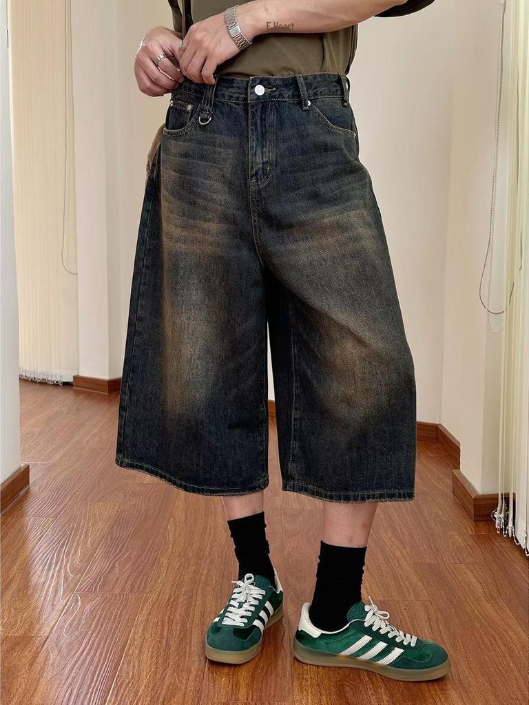 Unisex American Denim Shorts - Casual Summer Wear, Loose Fit, High Street Style, Cropped Wide-Leg Pants