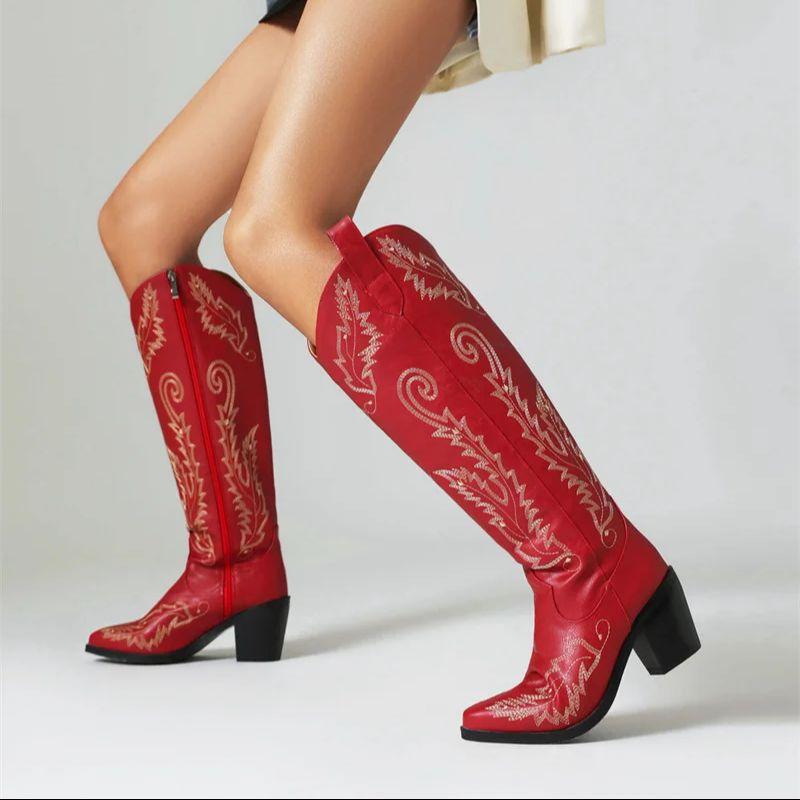 IPPEUM Cowboy Boots For Women Embroider Chunky Heel Red Leather Cowgirl Shoes Knee High Western Botas Cowboy Femininas