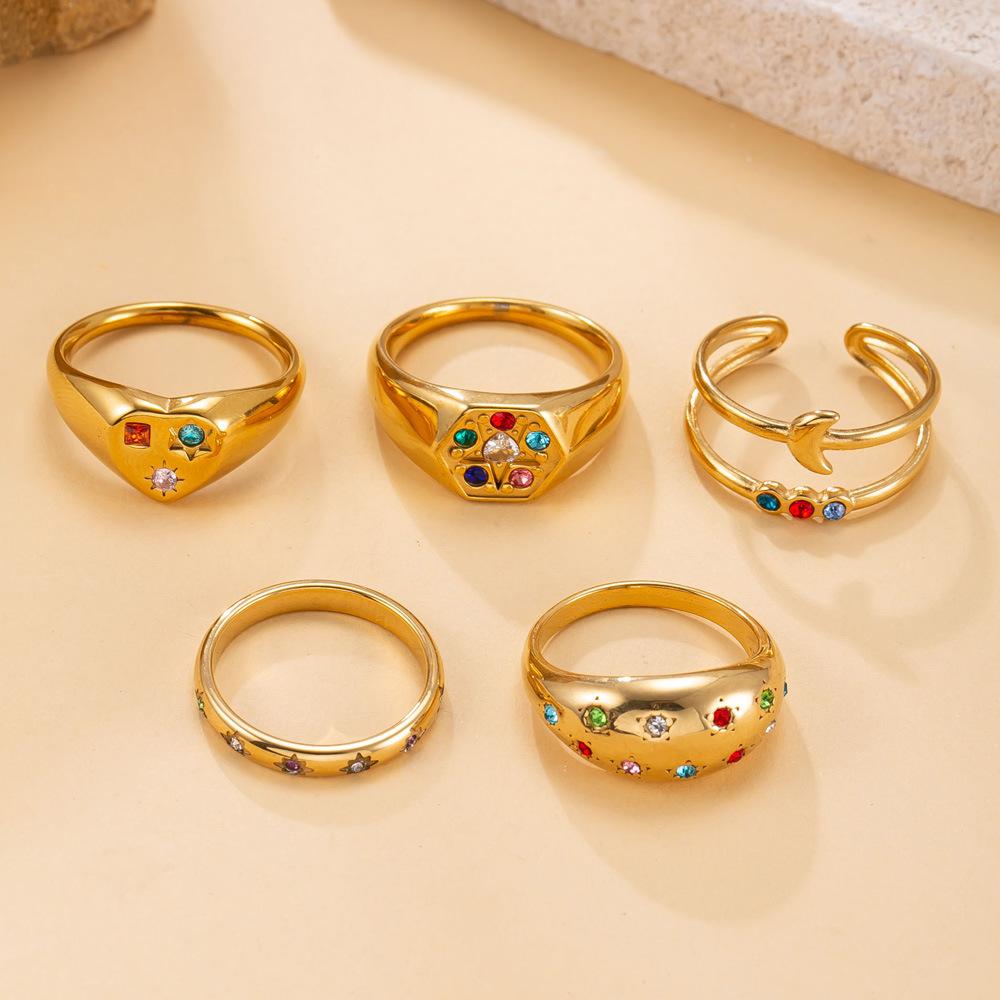 Stainless Steel Ring Casting Heart Inlaid with Colored Diamonds Stackable Ring Light Luxury High-End Feel Titanium Steel Jewelry Factory