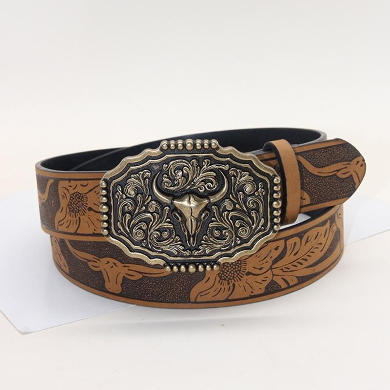 Embossed Pattern Wasitband Adjustable Belt For Daily Use And Outdoor Activity with Metal Bull Head Buckles for Men Women