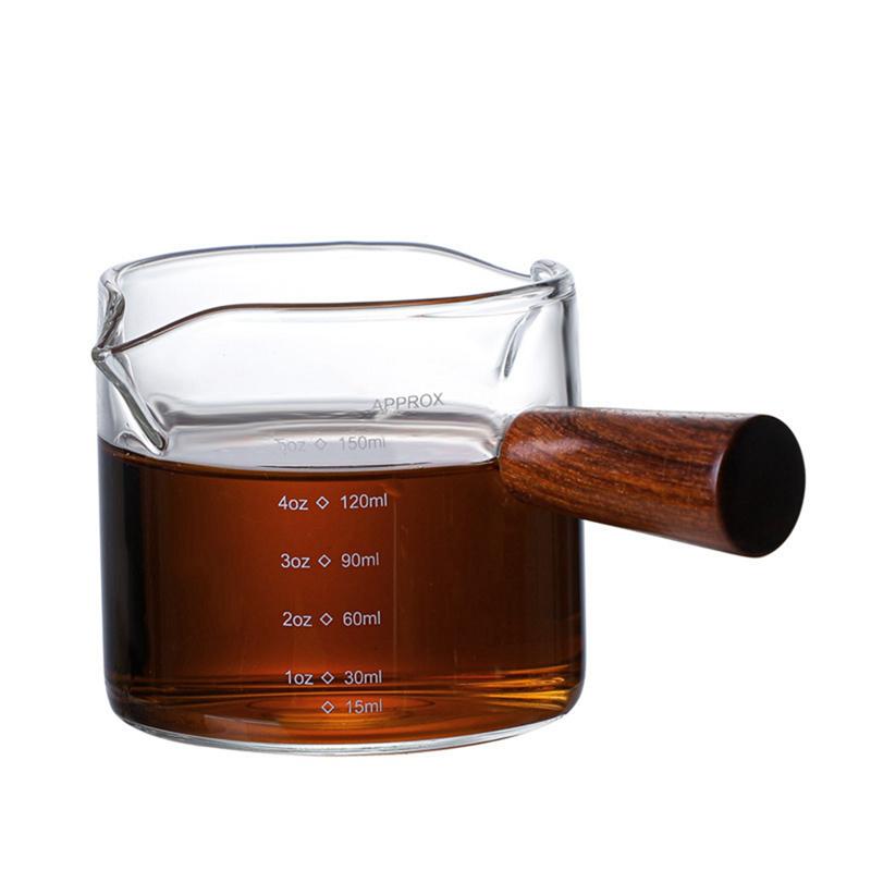 

150ML Wood Handle Glass Coffee Measuring Cup Double Mouth Milk Jug Espresso Coffee Supplies Transparent Kitchen Measure Mug 150ML