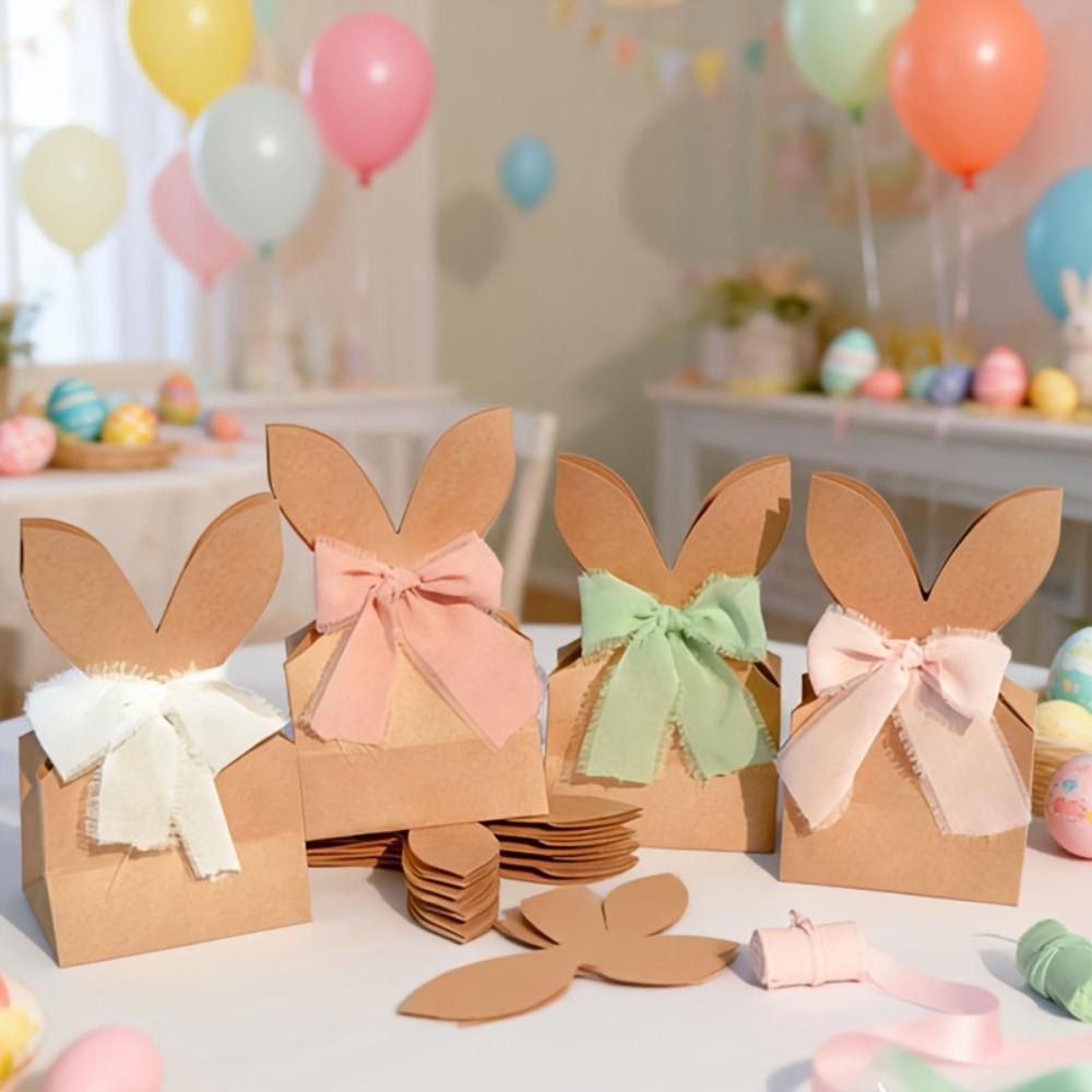 12PCS with Ribbon Bow Easter Rabbit Candy Gift Box Cartoon Bunny Gift Bag  Easter Decoration