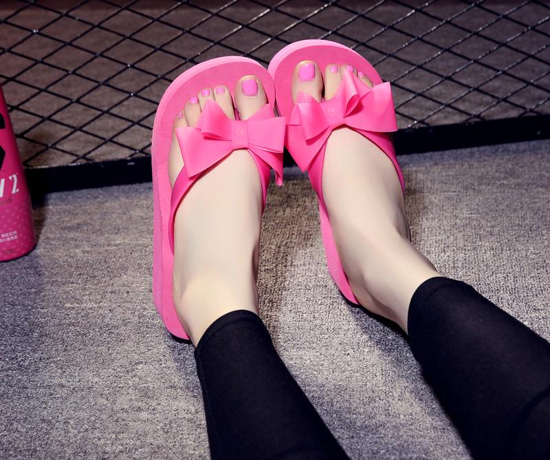 2024 Women's Korean Style Bow Flip Flops - High Wedge Heel, Thick Sole, Toe Post Thong for Summer Beach.