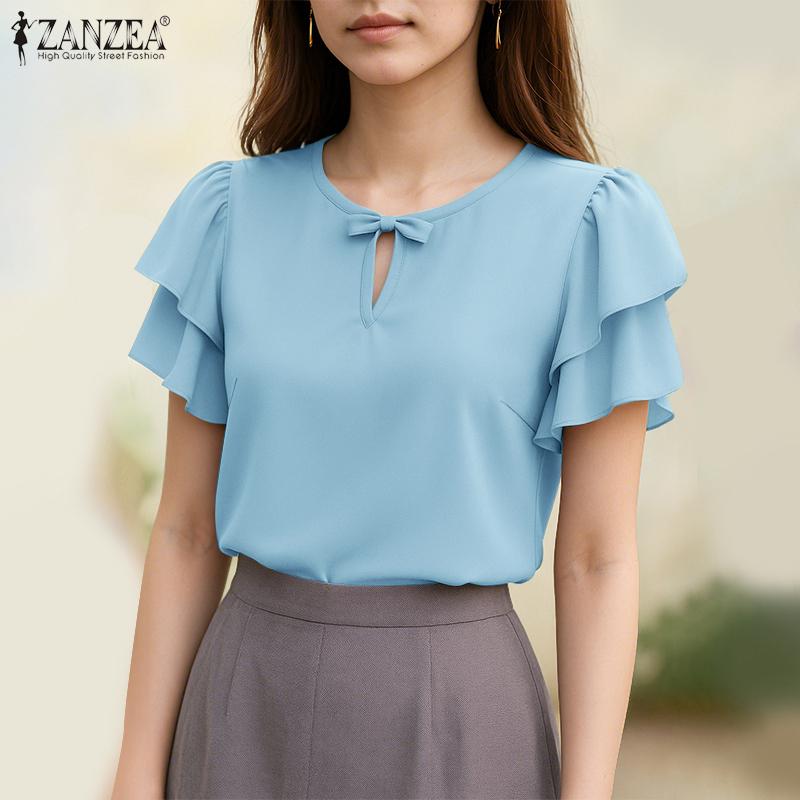 

ZANZEA Women Casual Round Neck Solid Color Ruffles Sleeve Loose Blouse 5XL зелений