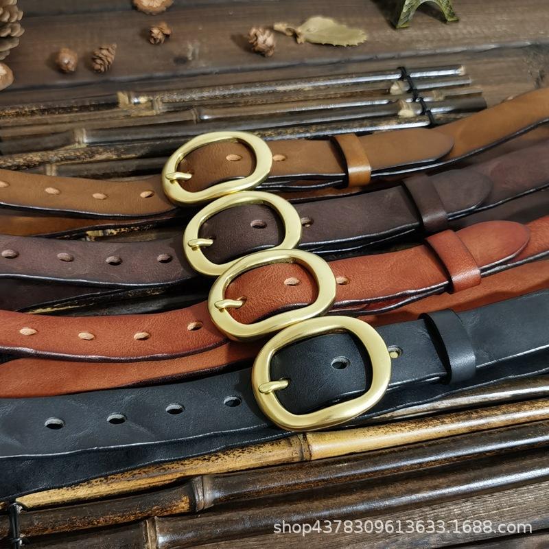 2.8Cm Retro Pleated Trendy Copper Buckle Belt Women'S Genuine Leather Pure Cowhide Versatile Jeans Belt