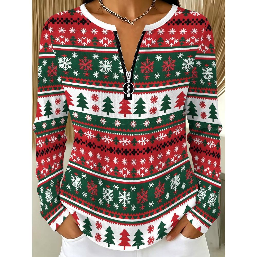 Women's Half Zipper Long Sleeve T-Shirt Christmas Style Pattern Printing Casual Daily Commuter