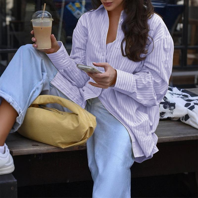 Casual Vacation Summer Striped Long-sleeved Vest Shirt Women's Autumn and Winter Lapel Pocket Fashion Top
