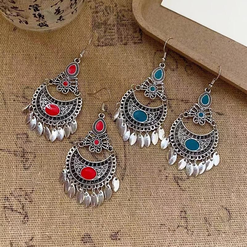 Retro Tibetan Red & Blue Floral Tassel Ear Hooks: Ethnic Style Niche Earrings for Women, Personalized Trendy Accessories
