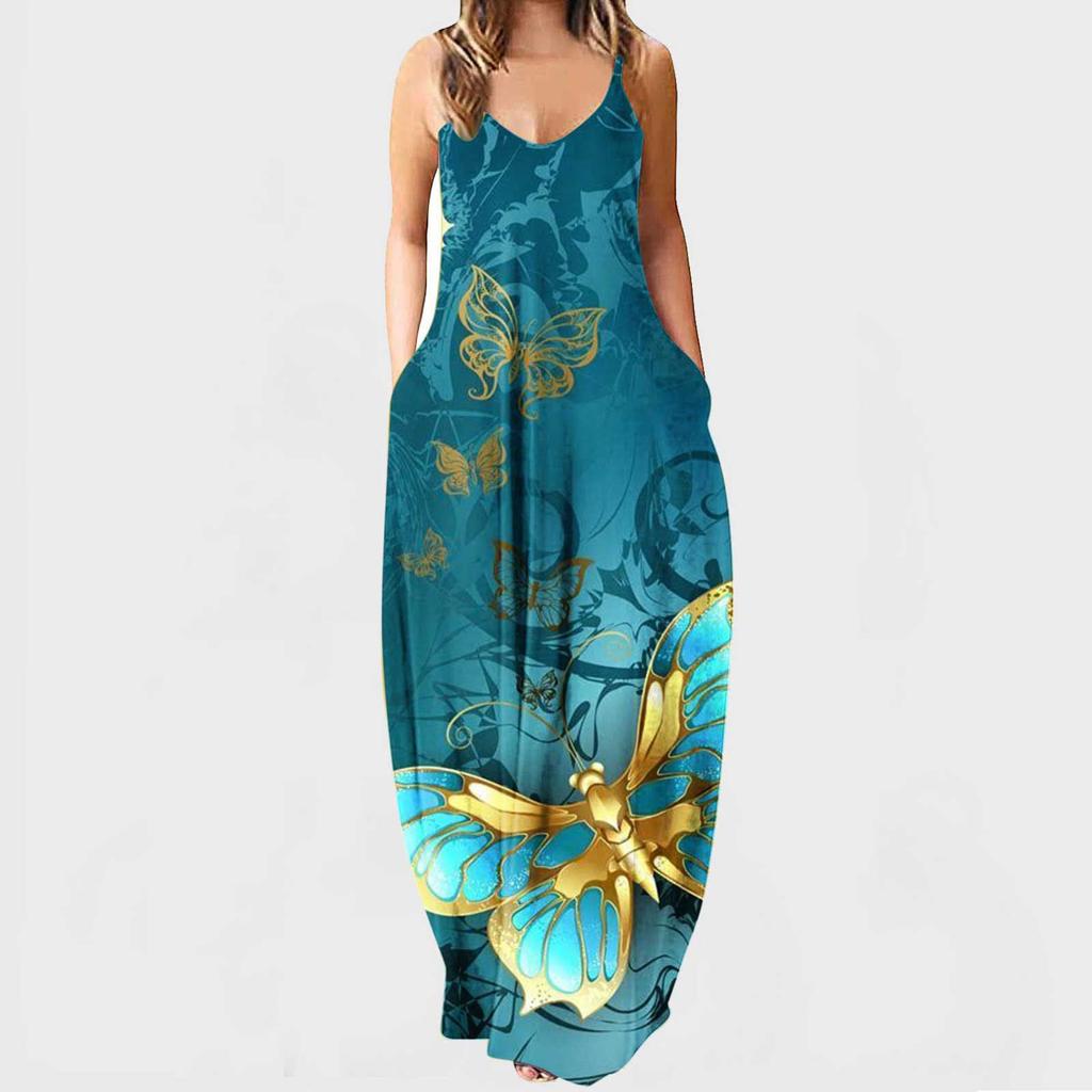 Womens Fashion Summe Sun Dresses Long Spaghetti Adjustable  Strap Sleeveless Floral Casual Long Maxi Dress For Women With Pockets