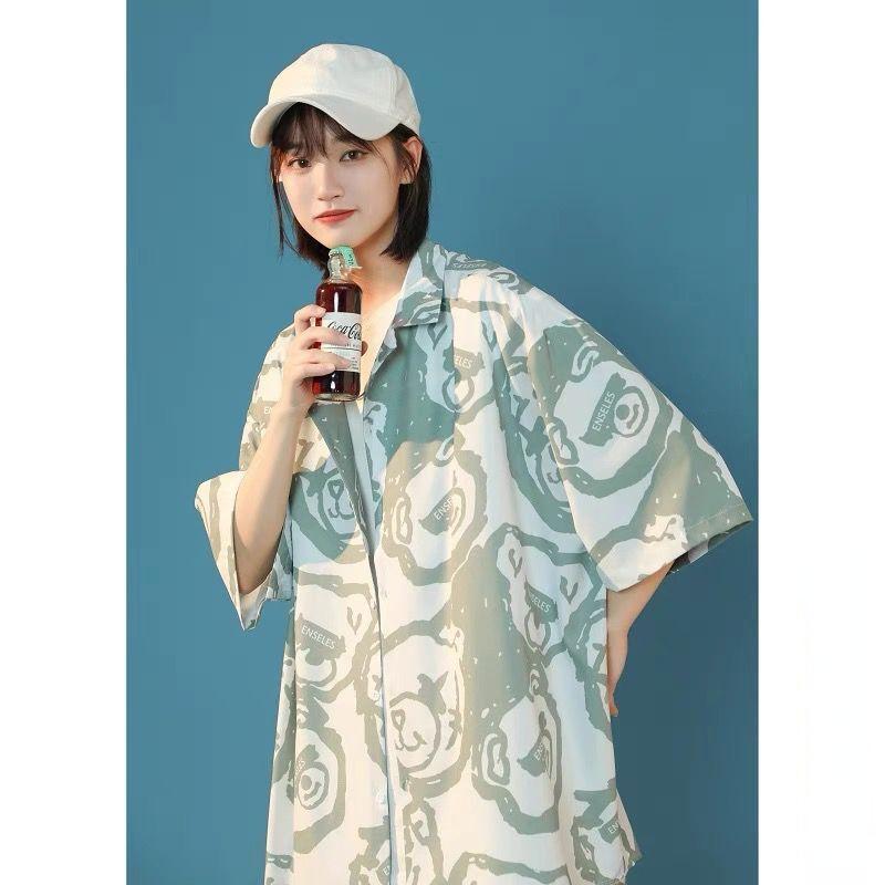 Women's Harajuku Blouse Korean Style Oversized Shirt Black Cool Chiffon Short Sleeve Button Up Tops Alt Clothes Fashion