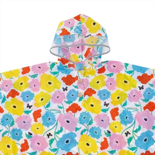 ogawa Kids' Rain Poncho, 90cm, Kukka Hippo Garden, with Reflective Tape, Hippopotamus-Shaped Backpack with Storage Bag, 83369