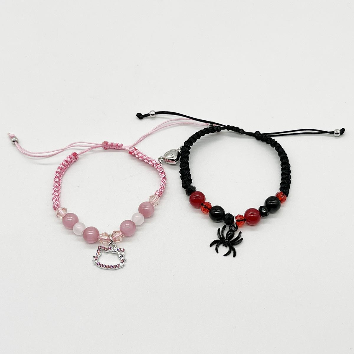 

New Spider Kitty Charm Bracelets Rope Heart Magnetic Matching Bracelets for Couples Crystal Beaded Bracelet Halloween Jewelry