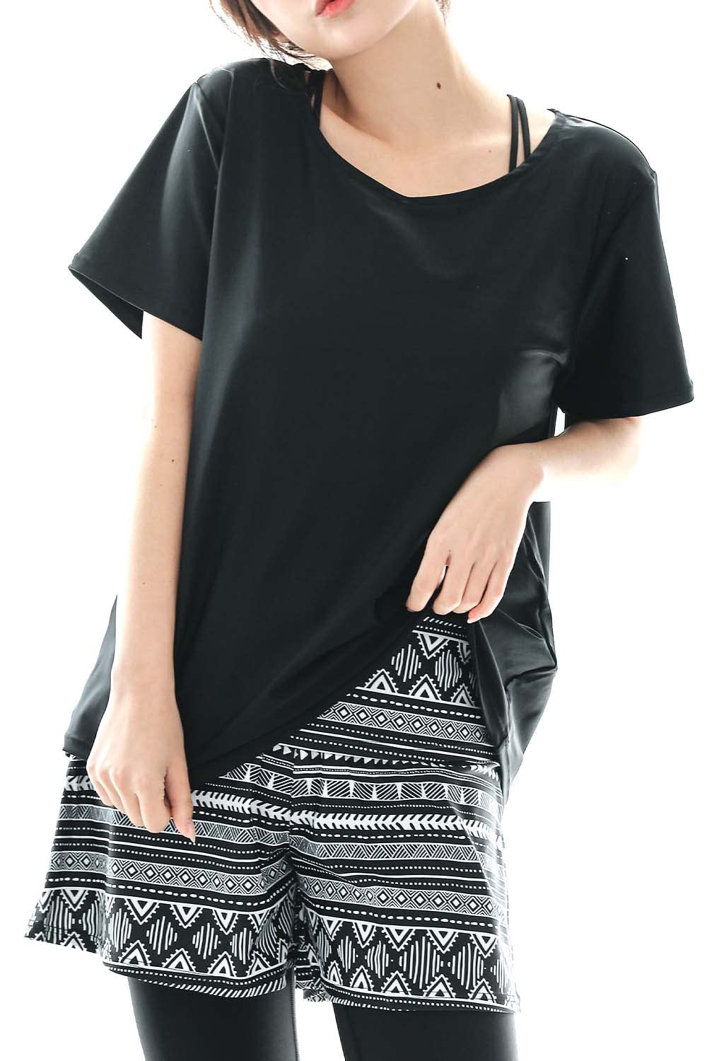 

Комплект для йоги оверсайз 4 Черный x [COTARON] Женский купальник, Купальник, скрывающий фигуру, Танкини, Футболка, Шорты, Леггинсы, 4 предмета (LL, Этнический)