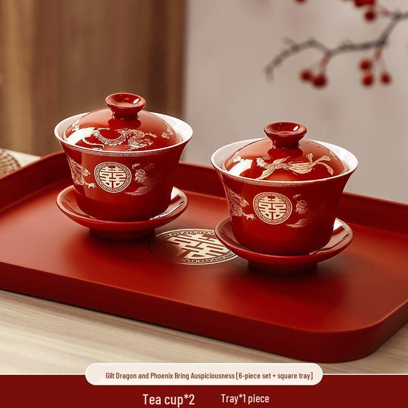 Wedding Tea & Chopstick Set: Red Bowls for Toasting & Happy Celebrations.