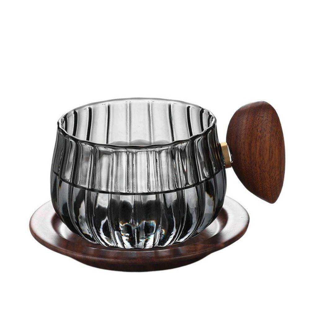 Modern Stripe Glass Coffee Mug Wooden Handle Heat-resistant Ribbed Tea Cup Wide Mouth Clear Cup and Plate Set Breakfast