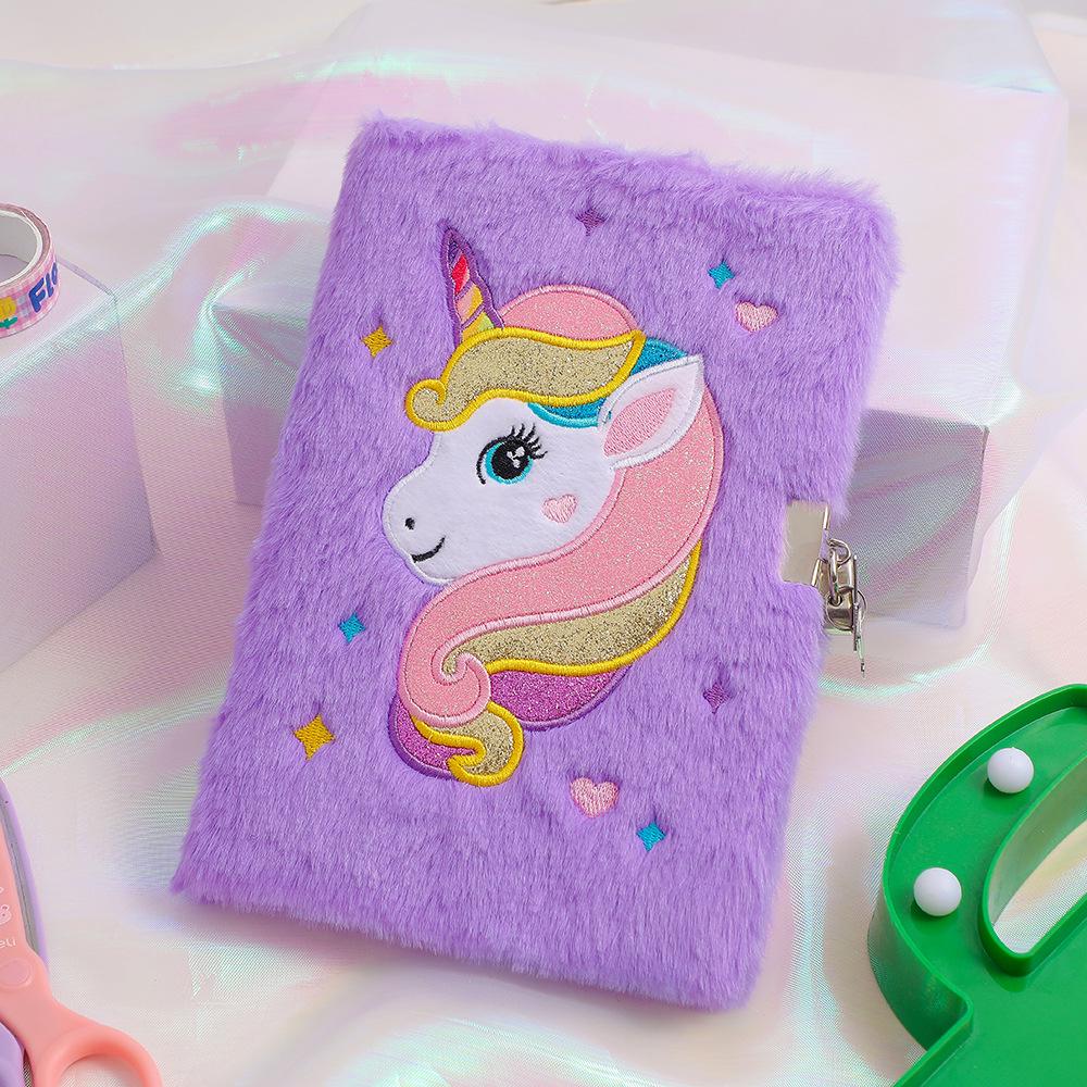 2025 Unicorn A5 Plush Diary with Lock - Cute Cartoon Kids' Writing Notebook