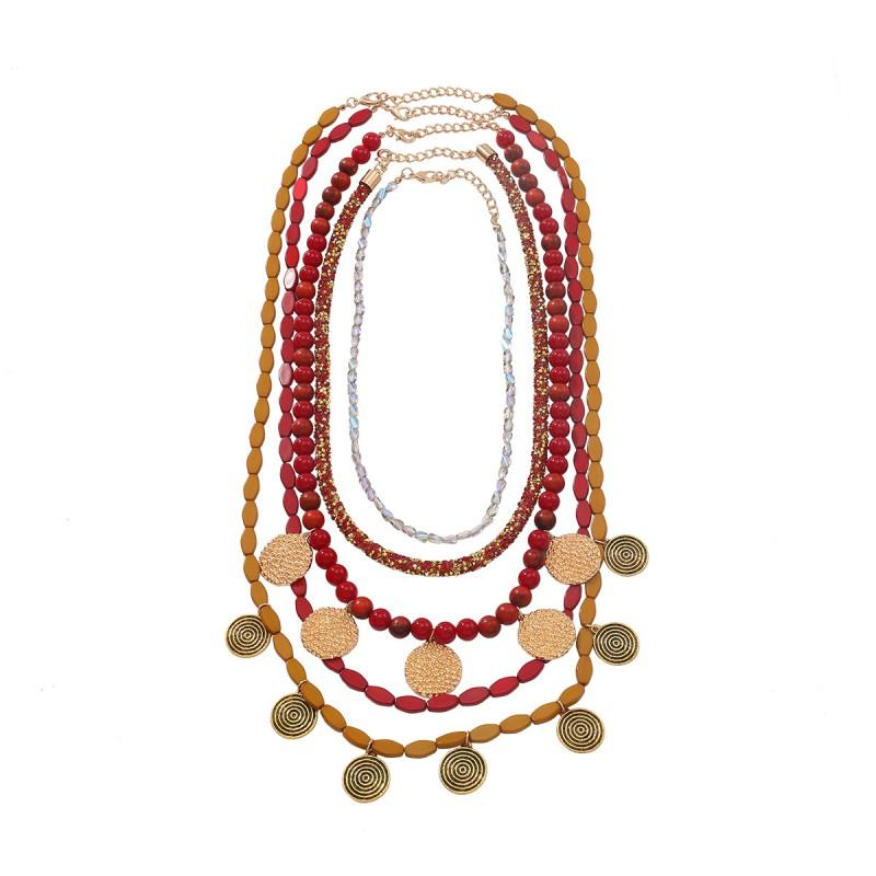 Handmade Multi-Layer Beaded Necklace With Spiral Shell Pendant Boho Ocean Chic Statement Jewelry Women Red