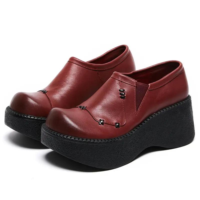 Fashion 6.5CM Handmade Wedges Heel Shoes Women Wide Head Design Genuine Leather Slip On Loafers Comfort Versatile Casual Lady Shoes