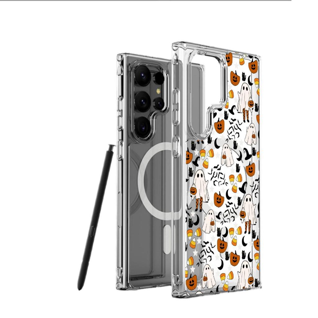 Orange Pumpkin Skull Magnetic Case for iPhone 15/16/17 Pro Max - Transparent Full Coverage