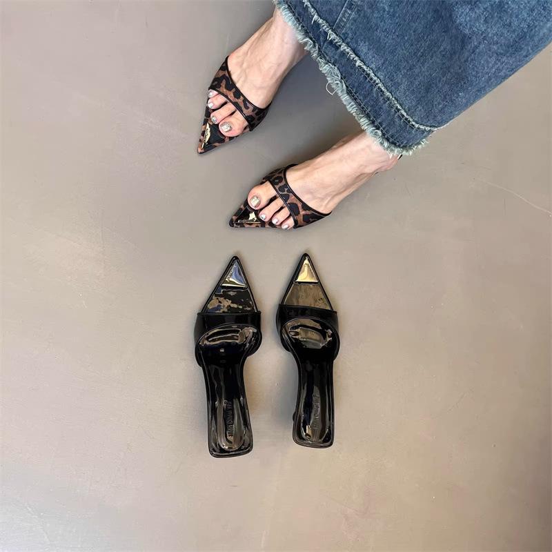 European and American Fashion Leopard Print High-heeled Slippers Women's 2025 New Summer Wear Pointed Sexy Stiletto Open-toed Sandals Women