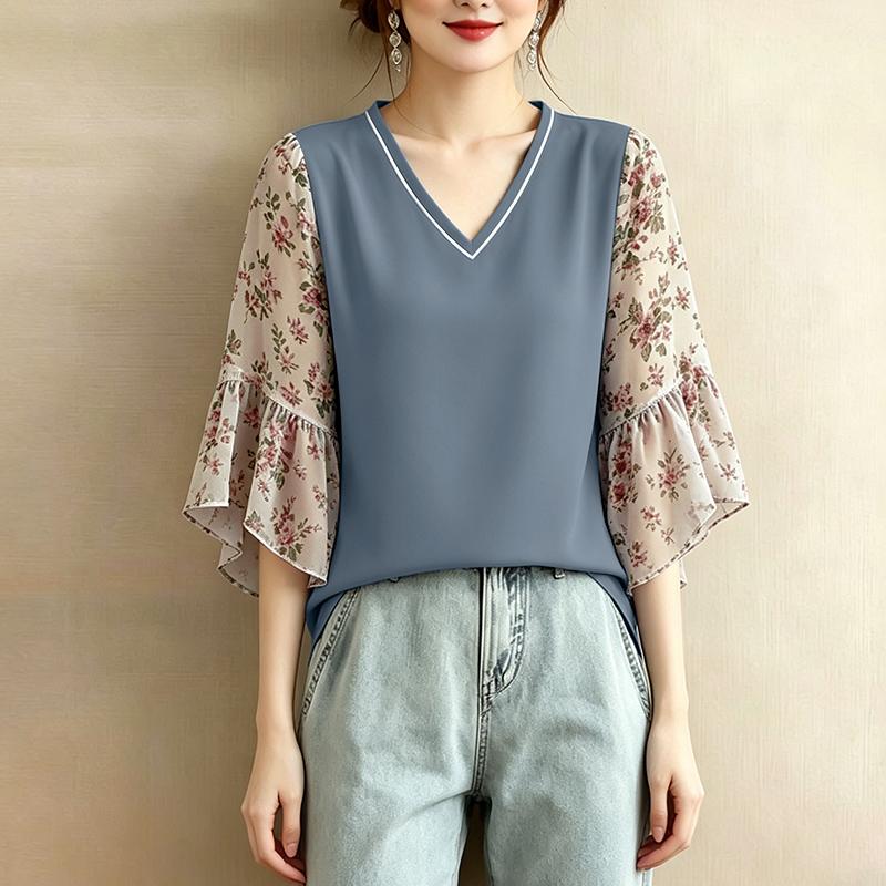 

ZANZEA Women Casual V-Neck Print Splice 3/4 Sleeve Loose Blouse 5XL сірий колір