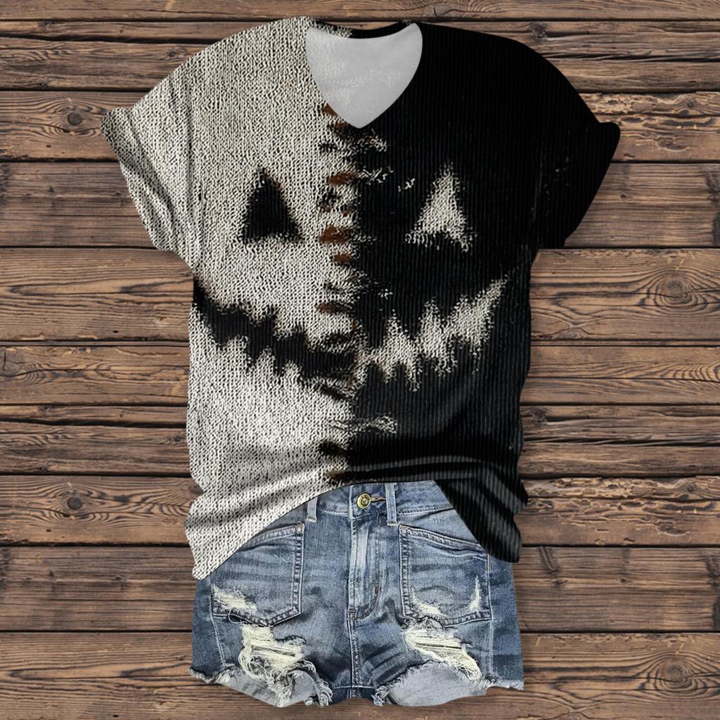 Women's Fashion Casual Three-quarter Sleeve Halloween Letters,  Face Print Top