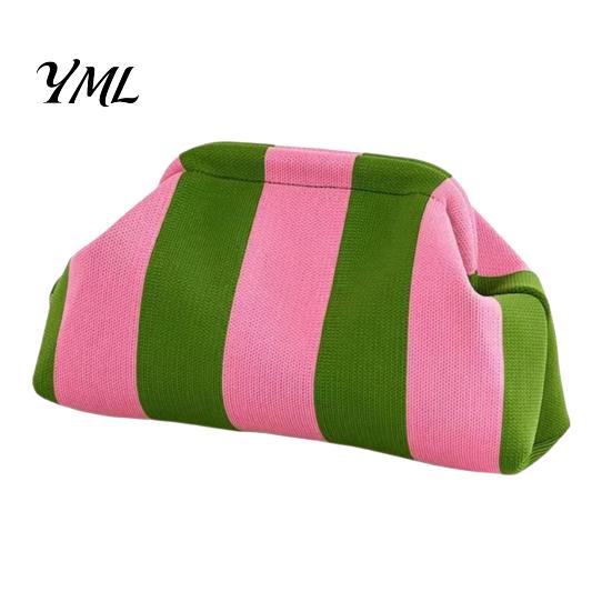 Quick Access Makeup Pouch Women Woven Striped Clutch Purse, Large Capacity Kiss Lock Organizer Cosmetic Pouch, Summer Beach Vacation Evening Dumpling