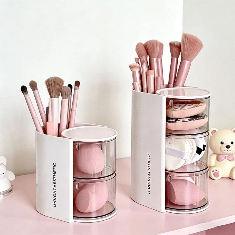 360-Degree Rotating Cosmetic Storage Box Dustproof Multi-Functional For Storing Brushes Sponges And Lipstick