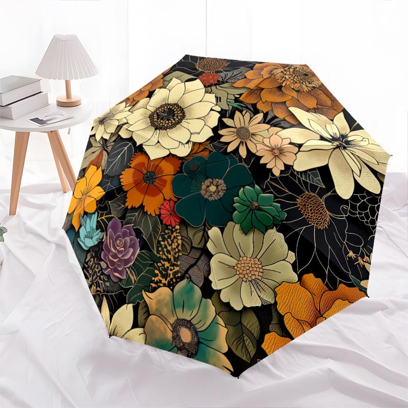1 PC Automatic Folding Umbrella - Vintage flowers Pattern, Portable & Foldable Design with 8 Ribs, Christmas Birthday Gifts