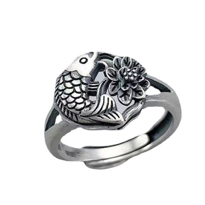Adjustable Open Ring Women Men Sterling Koi Fish Design Vintage Geometric Finger