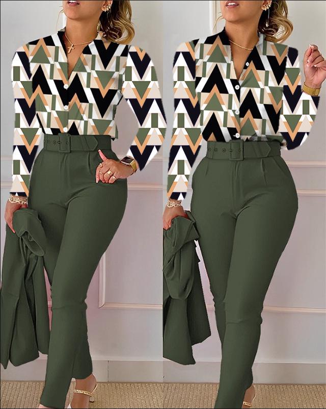 Printed Long-Sleeve Top & Solid Color Pants Suit with Belt