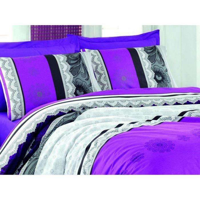 Parure de lit - 1 housse de couette 220 x 240 cm + 2 taies d'oreiller 60 x 60 cm - 100% coton renforcé - Lilas
