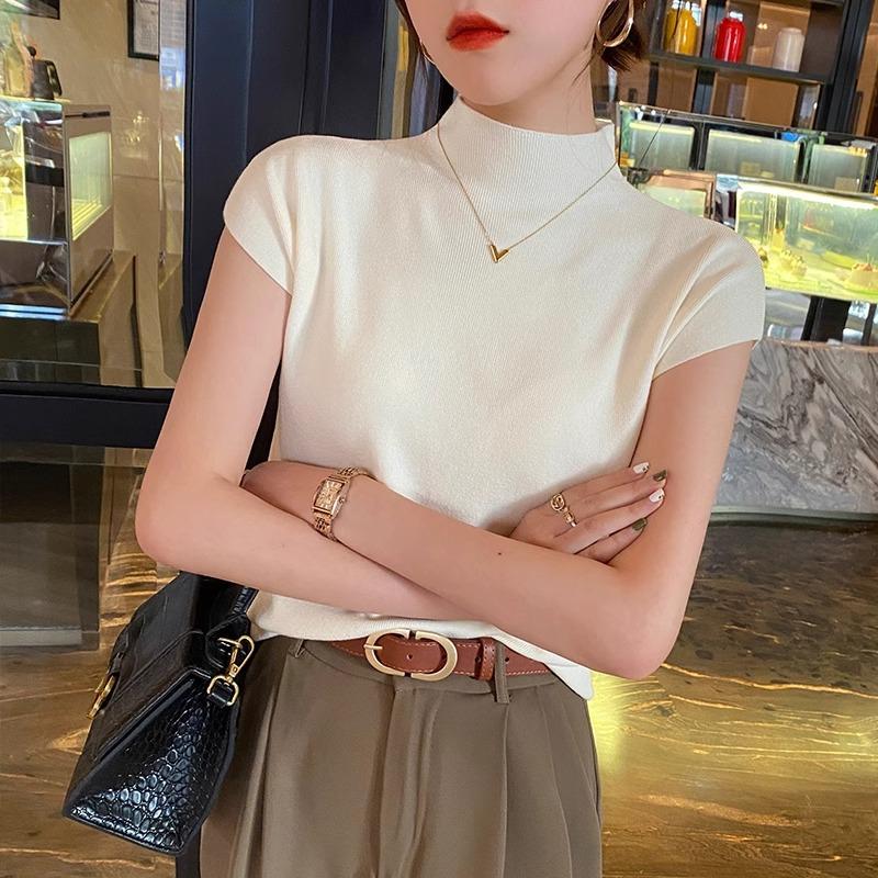 Summer Base Layer, New Short-sleeved T-shirt, Women's Knitted, Elegant, Solid-color, Front-shoulder, Mid-neck Top