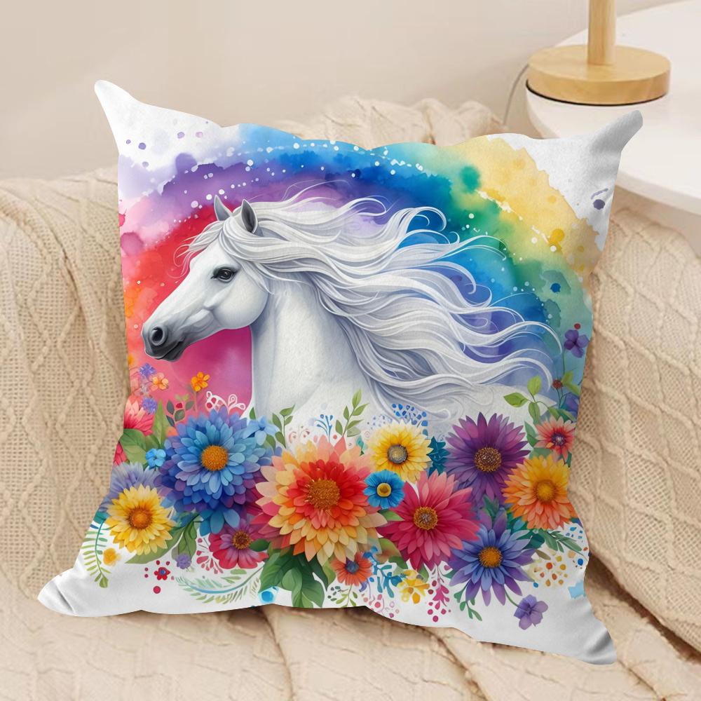 Watercolor Horse Floral Cushion Cover Soft Plush Fabric DoubleSided Printed Cushion Covers for All Seasons Modern Home Decor