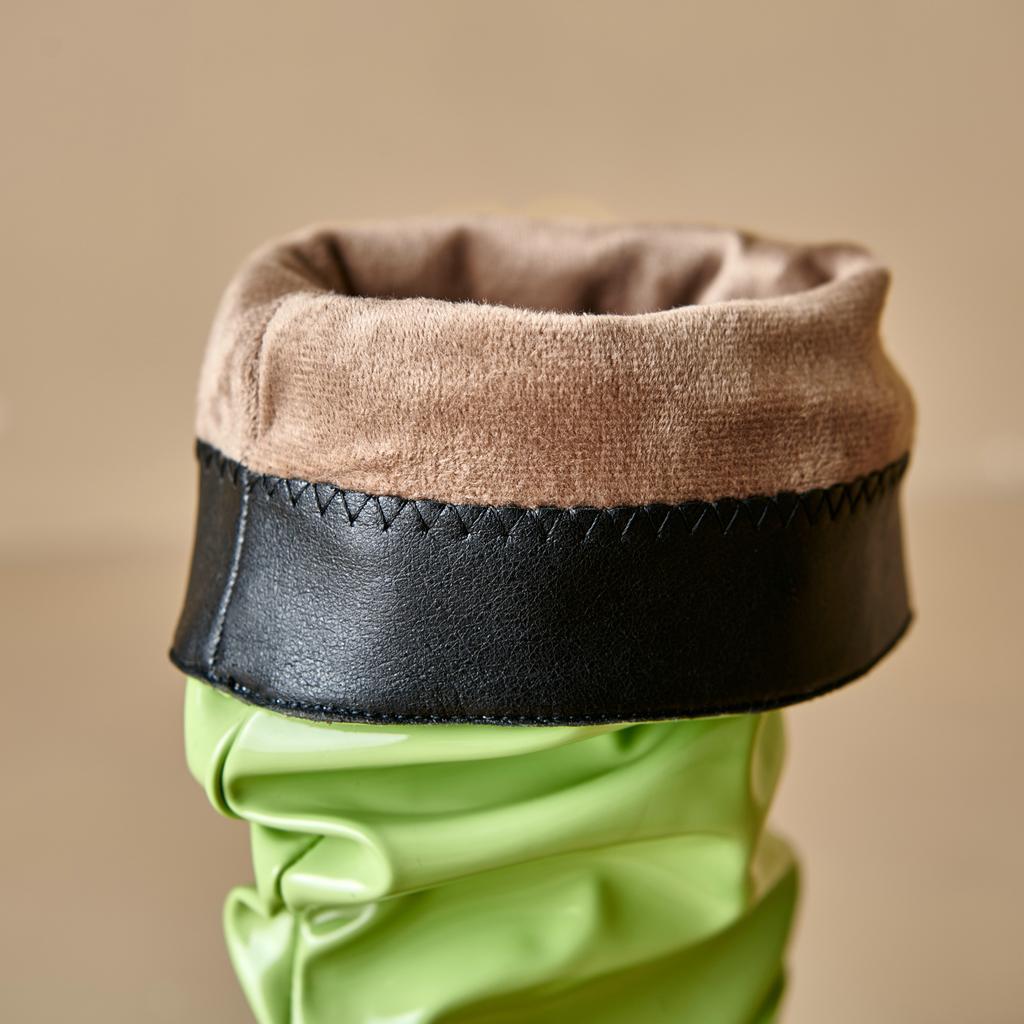 2024 Winter Slouch Boots for Women Shiny Patent Leather Mid Calf Heels Boots Stiletto Purple Green Rose Red Pleated Shoes