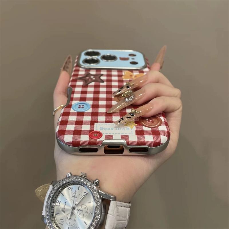 Plaid KT cat is suitable for iPhone17pro mobile phone case, Apple 16pro, large window 15pro, lattice 14pro