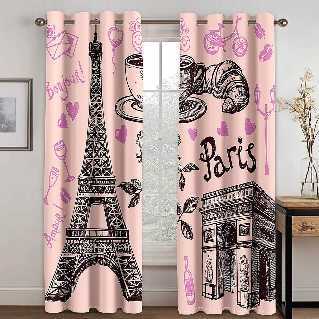 Cartoon Romantic Pink Paris Effiel Tower GirlWindow Curtains Drapes for Kids Bedroom Living Room Kitchen Door Home Decor 2Pieces