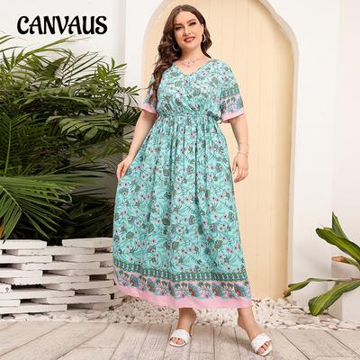 Summer Women's Dress Plus Size Loose V-Neck Dresses High Waist Long Dresses Seaside Vacation Style Beach Skirt