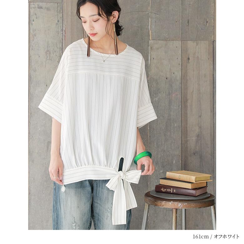 Oshare Walker Stripe Short Crew Upper Arm Loose tkn0045 n'OrLABEL [Ribbon Blouse] Shirt/Blouse, Spring/Summer, Women's Top, Sleeves, 3/4 Sleeves,