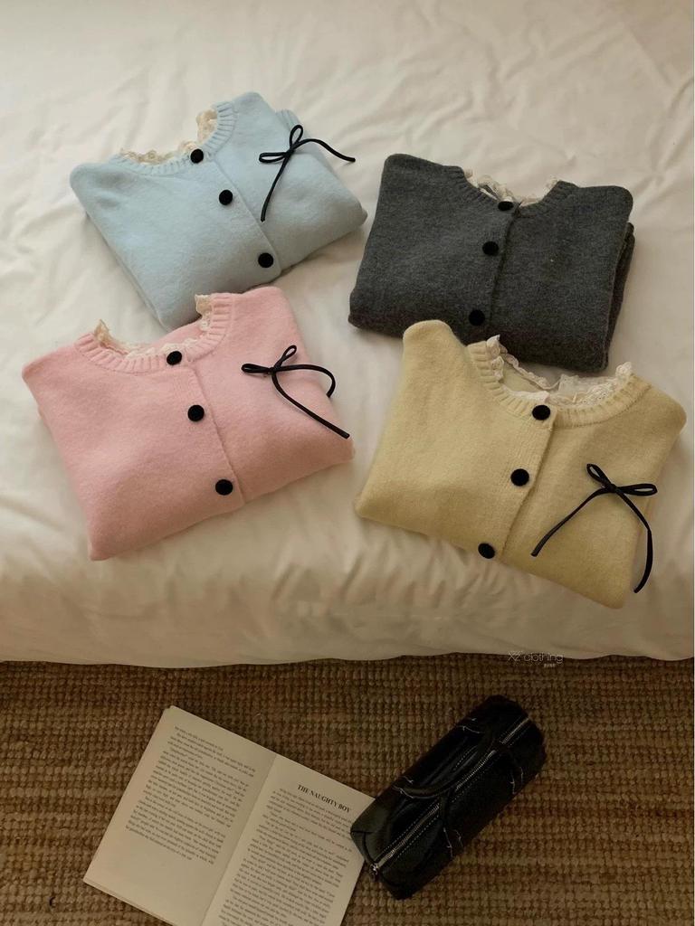 Korean Lace Round Neck Knit Cardigan with Bow - Women's Early Autumn Top