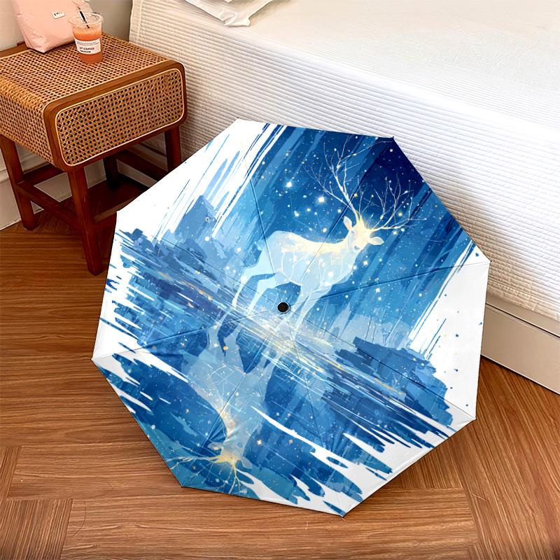 

1 PC Automatic Folding Umbrella - Deer Reflection Pattern, Portable & Foldable Design with 8 Ribs, Christmas Birthday Gifts