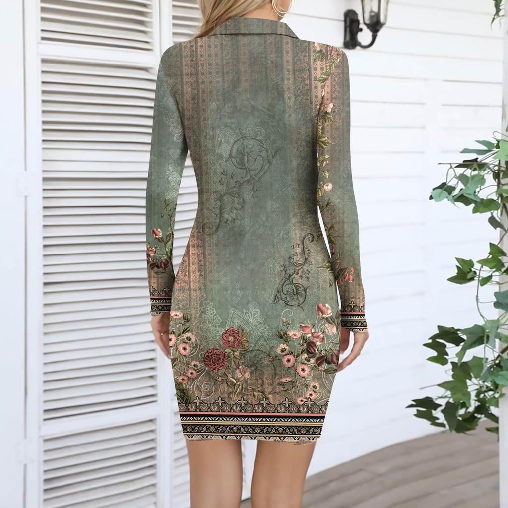 Women's V-neck Casual Print Long-sleeved Fitted Dress