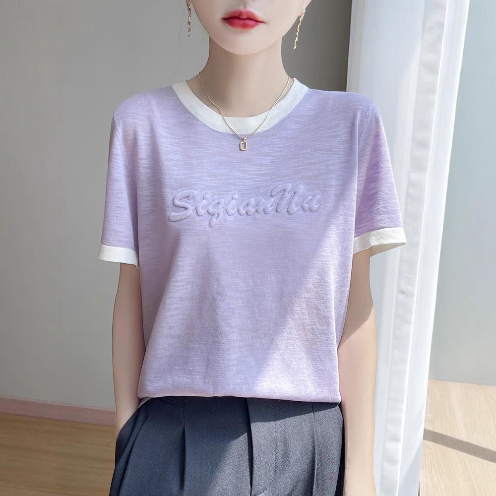 Sommerlicher Strickpullover mit Rundhalsausschnitt, Kurzarm-T-Shirt, Damen, Farbblockdesign, dreidimensionale Buchstaben, dünner Stil