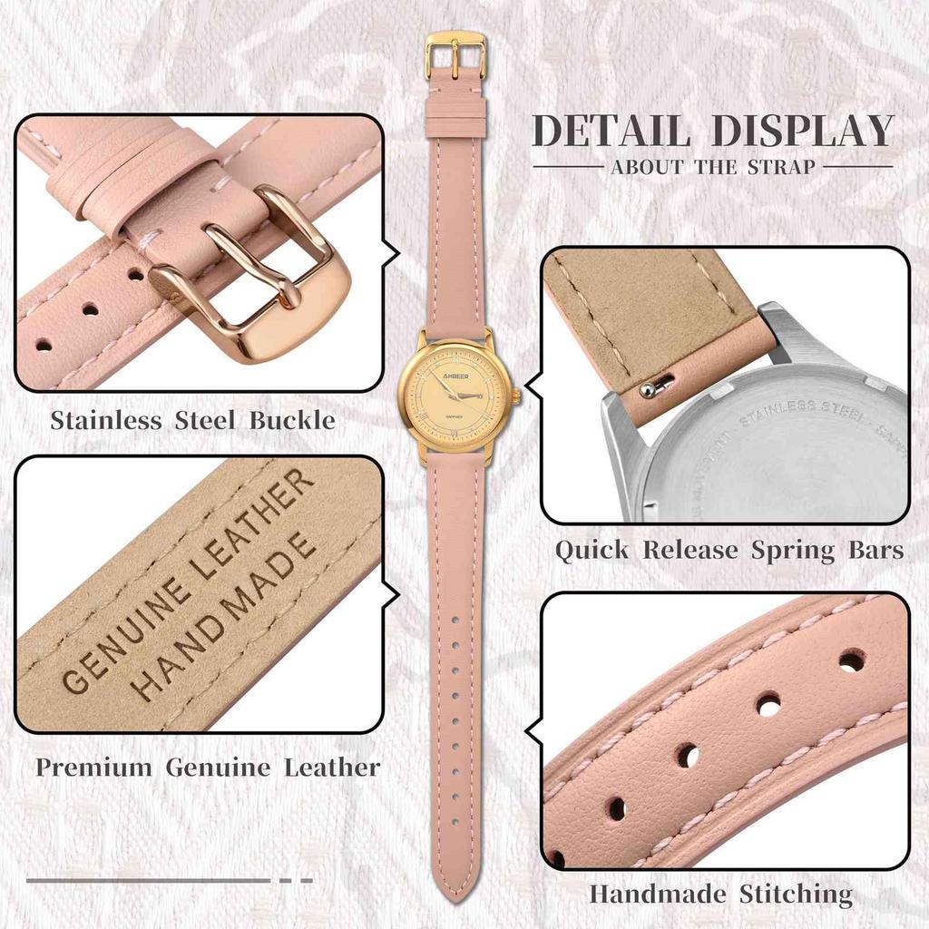 Anbeer 14mm Leather Watch Quick Elegant Watch Band for Pink with Rose Gold Buckle Strap, Release, Women,