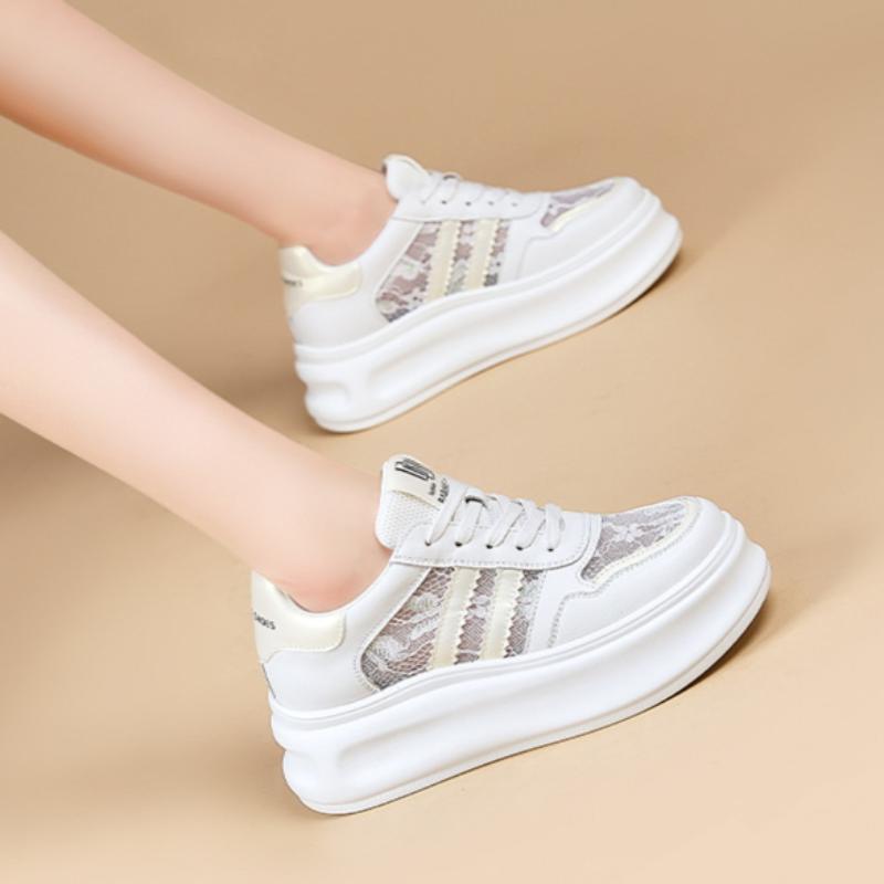 Mesh Breathable White Shoes for Women Spring Thick-soled Platform Thin Casual Shoes Color Matching Lace Sneakers