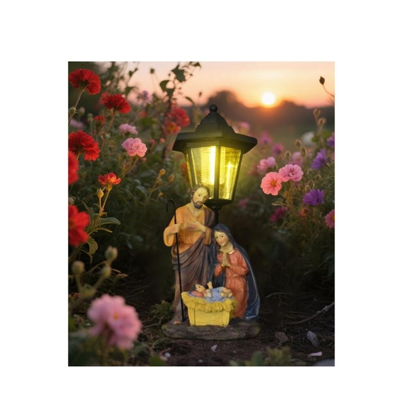 Solar Light Nativity Manger Scene Resins Sculpture Holy Family Ornament For Outdoor Garden Christian Home Decoration