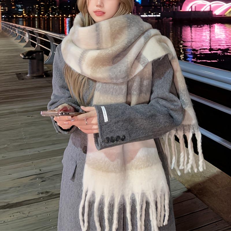 Korean Style Women's Winter Mohair Scarf - Versatile Khaki Plush Neck Warmer