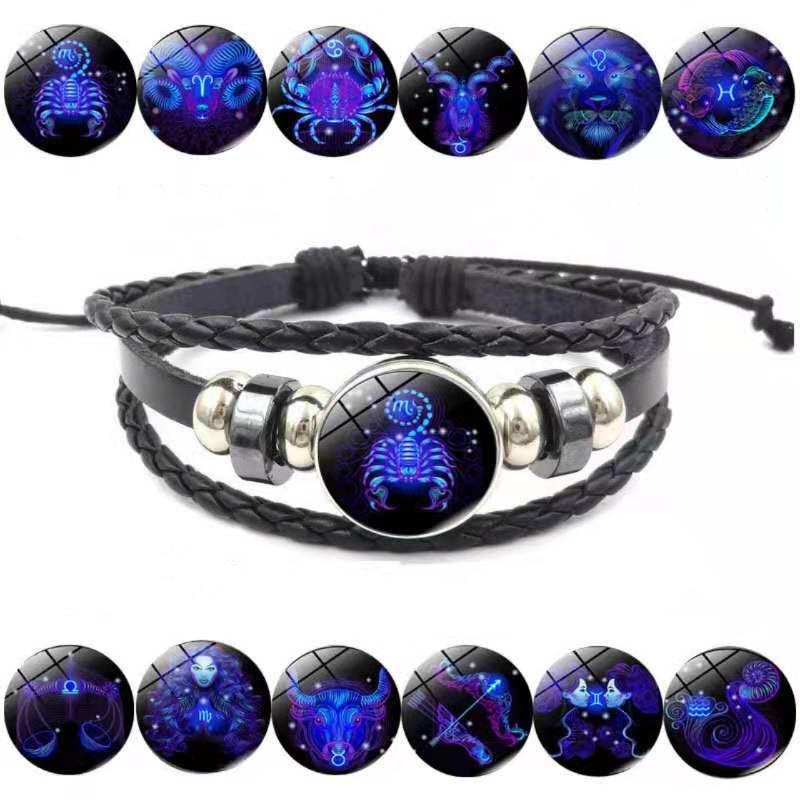 Bracciale Luminoso 12 Costellazioni per Uomo Multistrato Intreccio in Pelle Segni Zodiacali Braccialetti Toro Cancro Scorpione Gioielli Regalo