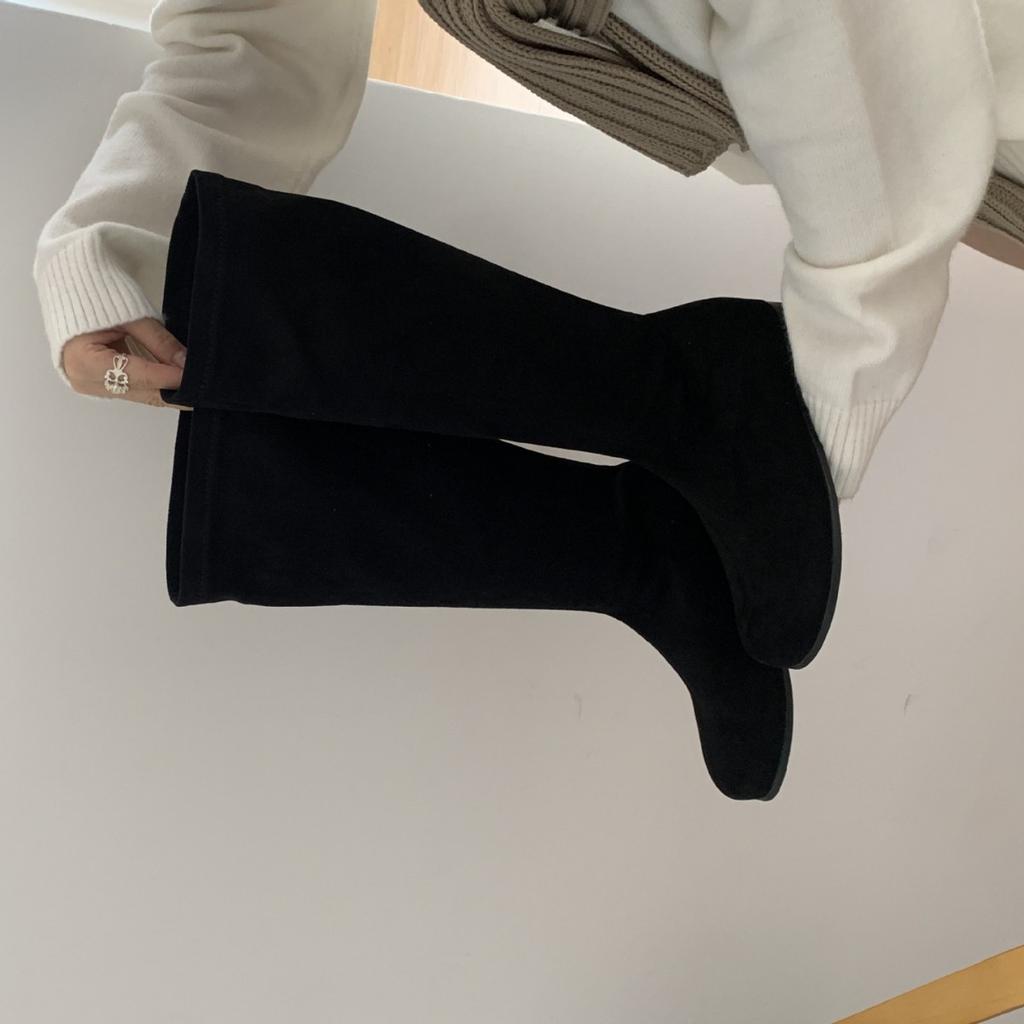 2025 autumn and winter new temperament round head thin high boots with sloping heels but knee knight women's boots