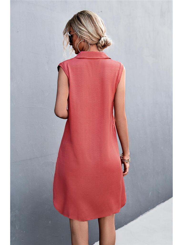 Robe d'été 2026 en coton et lin, col en V, boutonnée, sans manches, fendue